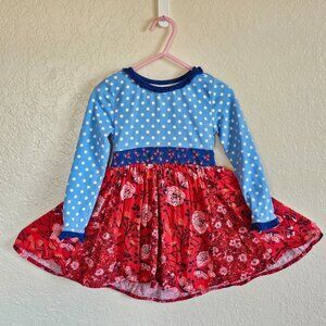 Girls Long-Sleeve Blue Polka Dot & Red Floral Dress With Back Bow - Matilda Jane